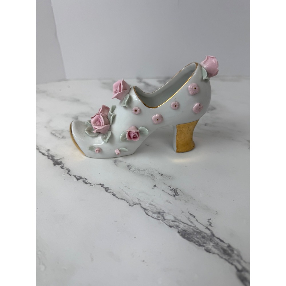 Vintage Porcelain Shoe Floral Rose Design White Pink Napco Japan